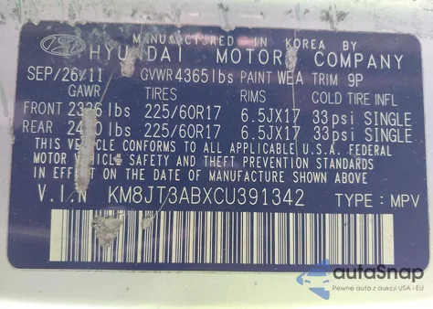 2012 Hyundai Tucson Gl from USA, damaged, VIN KM8JT3ABXCU391342